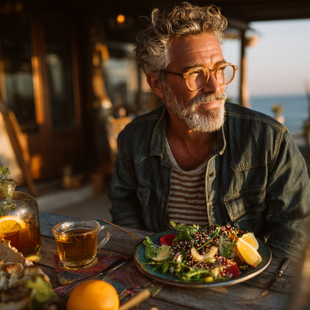 Active man in his late 40s enjoying a healthy meal outdoors, sitting at a wooden table with a colorful quinoa salad, fresh fruits, and herbal tea, natural sunlight creating a warm atmosphere