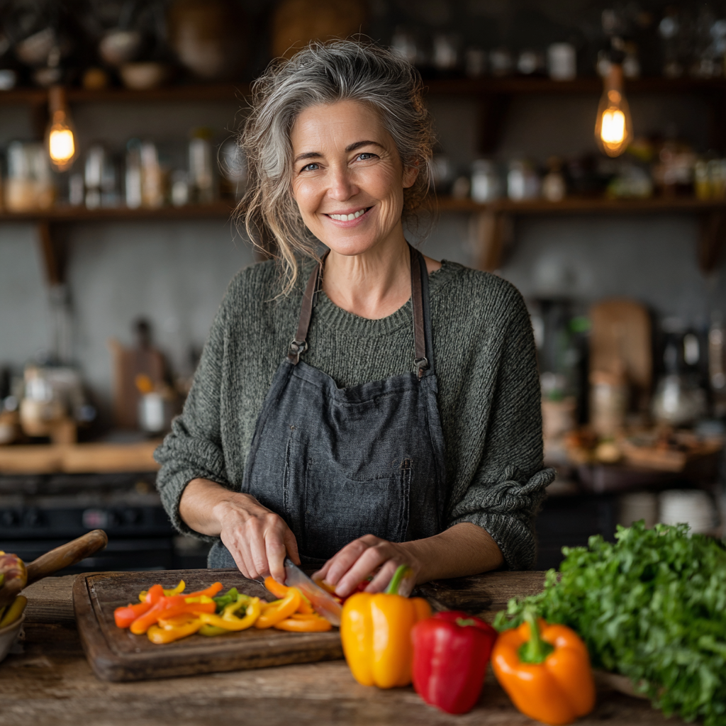 Confident woman in her 50s preparing fresh vegetables in a modern kitchen, smiling while chopping colorful bell peppers and leafy greens on a wooden cutting board